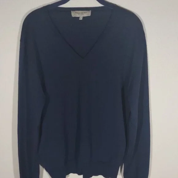 Yves Saint Laurent Rive Gauche Women's Navy Blue Wool V-Neck Sweater Size Large - Picture 3 of 9